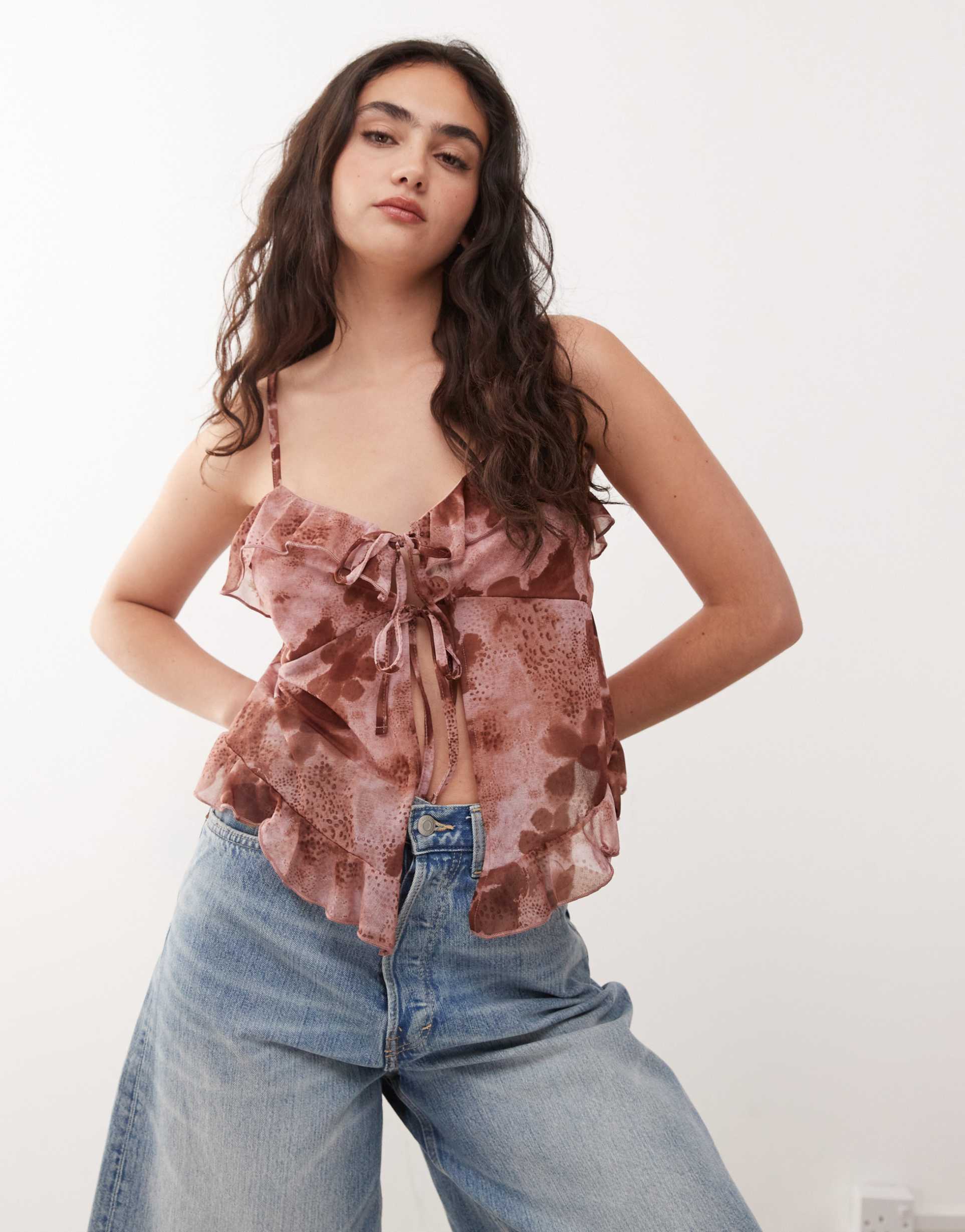 reclaimed vintage ruffle tie front boho top in pink floral print