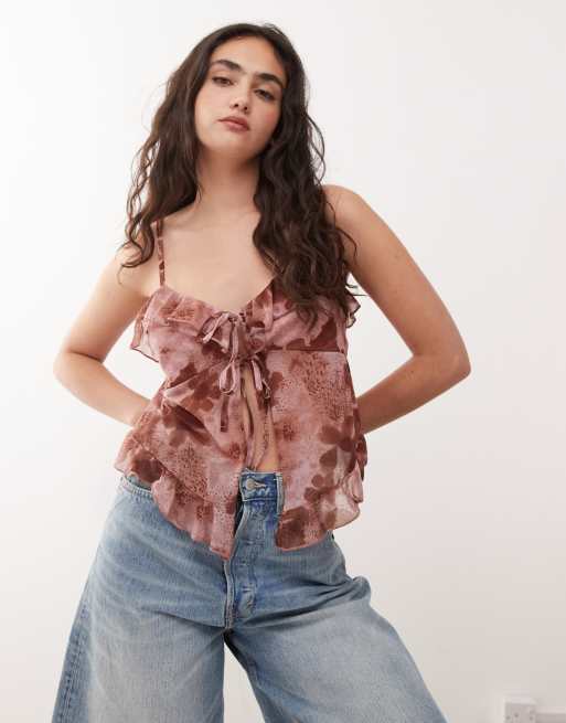Reclaimed Vintage ruffle tie front boho tope in pink floral print