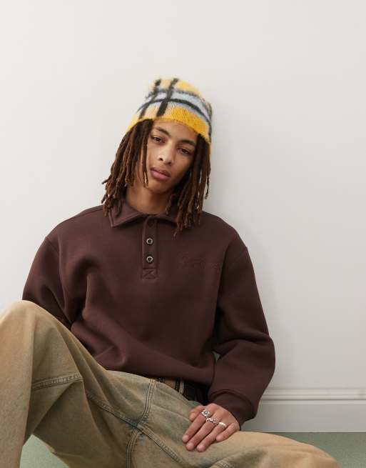 Reclaimed Vintage – Rugby-Sweatshirt in Schokobraun mit Stickerei