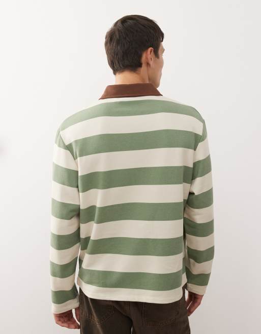 Reclaimed Vintage - Rugbyshirt met strepen in groen en crème, 3 van 5