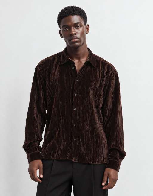 Reclaimed Vintage rushed velvet shirt in brown, 7 of 9