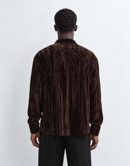 Reclaimed Vintage rushed velvet shirt in brown, 9 of 9