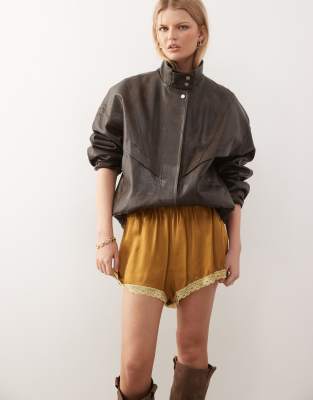 Reclaimed Vintage Reclaimed Vintage sain shorts with lace trim in mustard and green