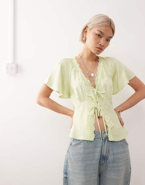 Reclaimed Vintage - Salviegrøn tea-top i satin med blondekant - view 1