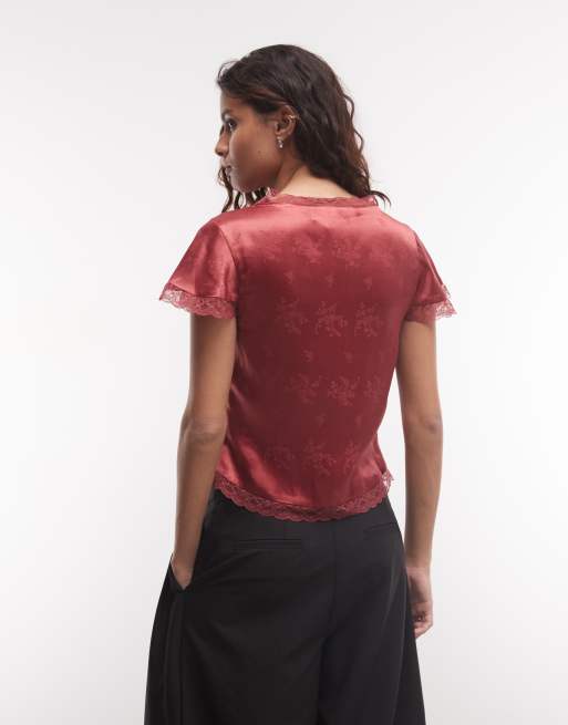 Reclaimed Vintage satijnen jacquard tea-top in rood, 4 van 4