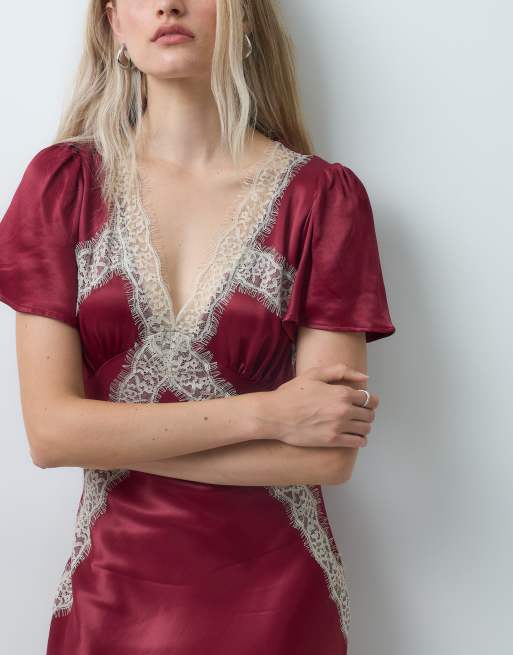 Reclaimed Vintage satijnen maxi-jurk met kantafwerking in bordeauxrood, 3 van 4