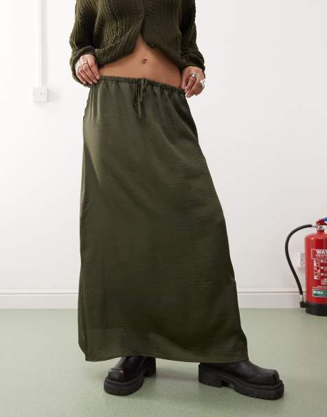 Reclaimed Vintage - Satijnen maxi rok in kaki - view 1