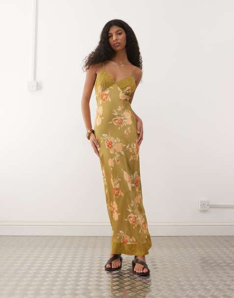 Reclaimed Vintage - Satijnen maxi slipdress met camibandjes en kanten randen in groene bloemenprint - view 1