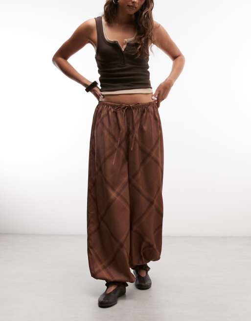 Reclaimed vintage satin and lace balloon trouser in chocolate brown check, 1 of 5