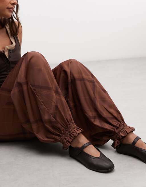 Reclaimed vintage satin and lace balloon trouser in chocolate brown check, 2 of 5