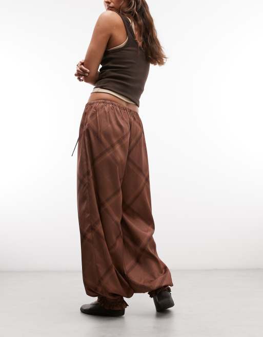 Reclaimed vintage satin and lace balloon trouser in chocolate brown check, 3 of 5