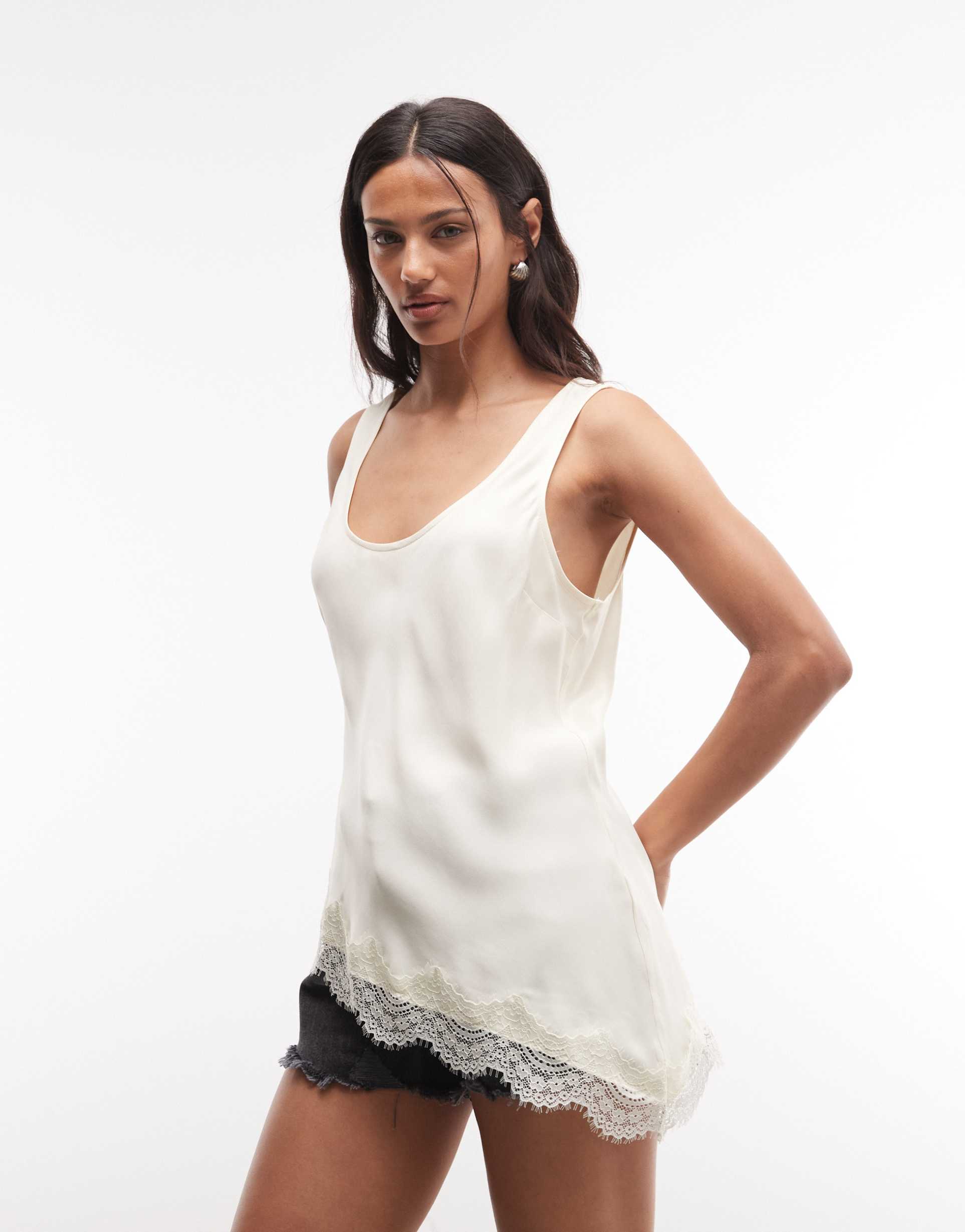 reclaimed vintage satin asymmetric cami top in ecru