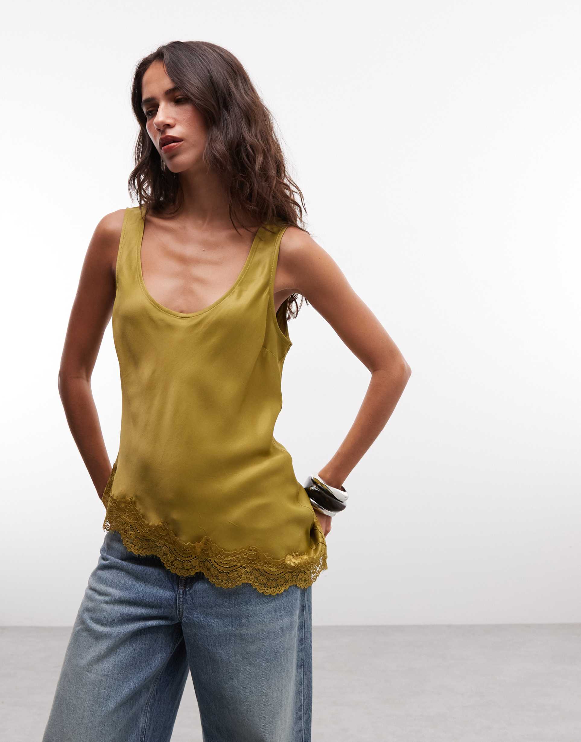 reclaimed vintage satin asymmetric cami top in olive