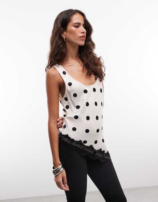 Reclaimed vintage satin asymmetric cami top in polka dot