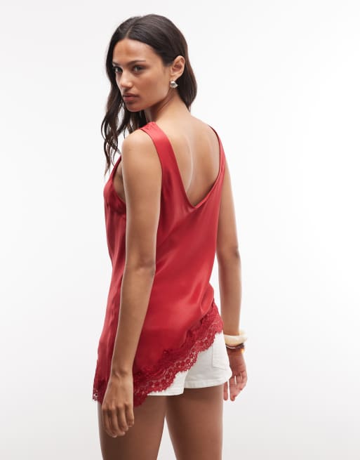 Reclaimed vintage satin asymmetric cami top in red, 4 of 4