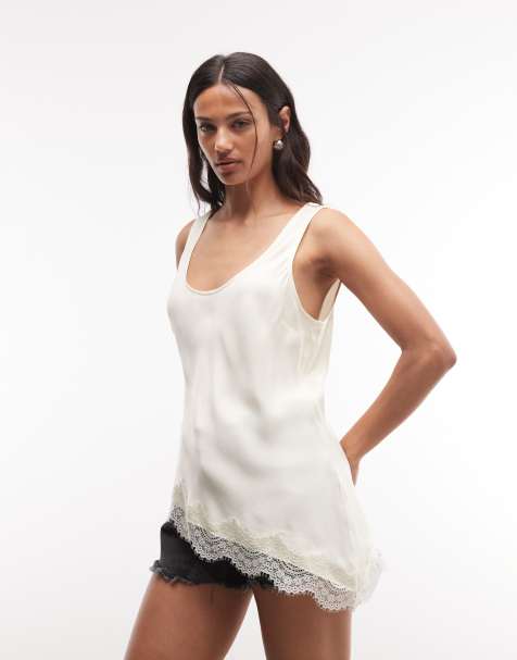 Reclaimed Vintage satin asymmetrisk cami-topp i naturvit - view 1