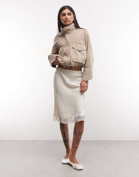 Reclaimed vintage satin awkward length skirt with lace trim in ivory - view 1