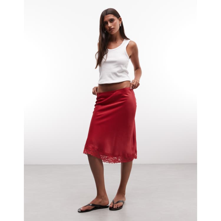 Reclaimed Vintage satin awkward length skirt with lace trim in red