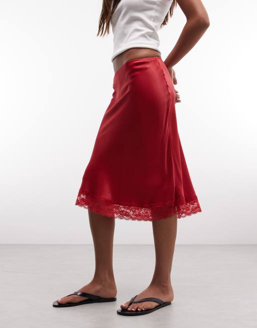 Reclaimed vintage satin awkward length skirt with lace trim in red, 2 of 5