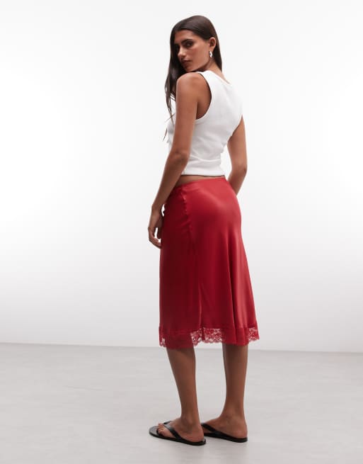 Reclaimed vintage satin awkward length skirt with lace trim in red, 5 of 5
