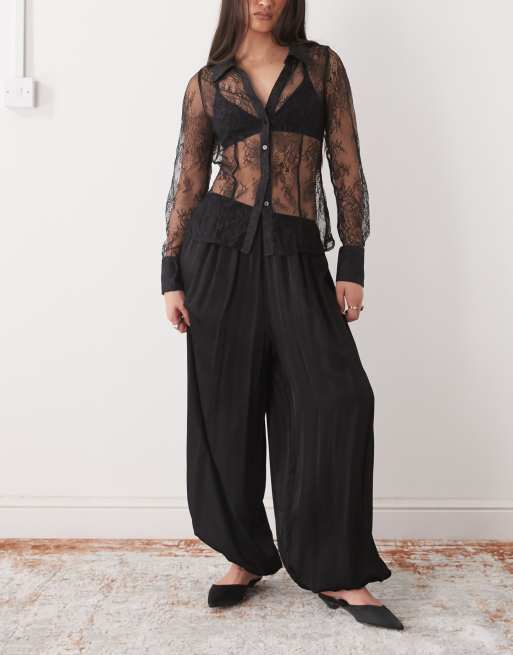 Reclaimed Vintage satin balloon lace trim side pants in black