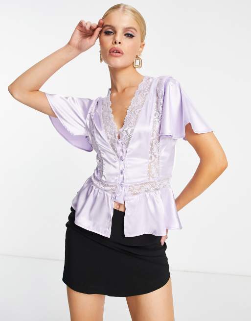 Reclaimed Vintage satin blouse with lace inserts in washed lilac