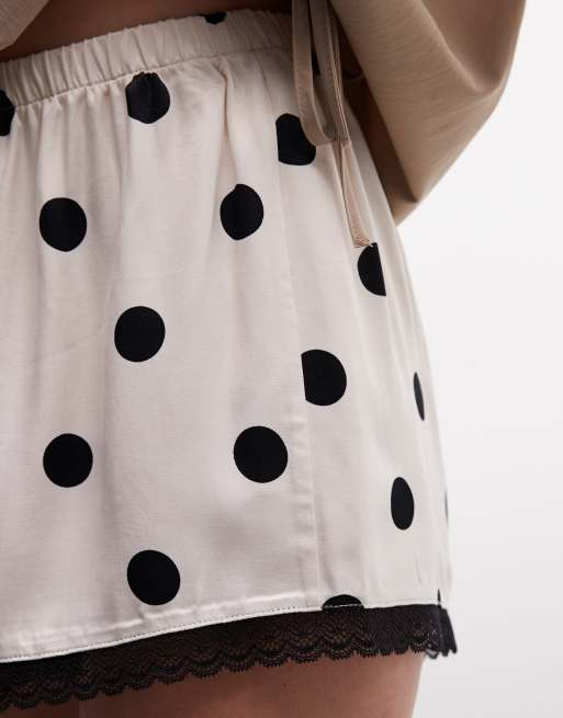 Reclaimed Vintage satin boxer shorts with lace in polka dot, 3 of 5