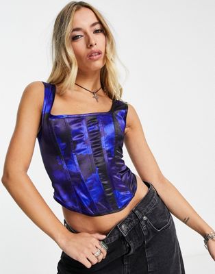 Reclaimed Vintage satin corset top in blue grunge floral print  - ASOS Price Checker