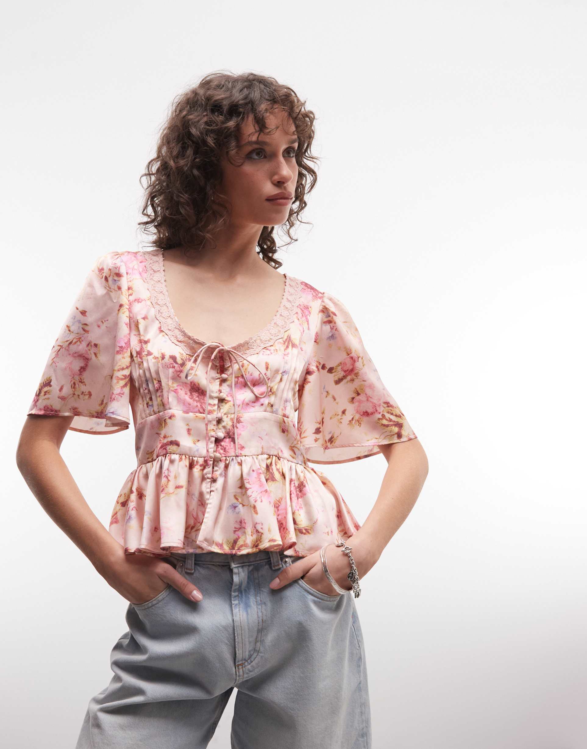 reclaimed vintage satin day top with lace trim in floral print