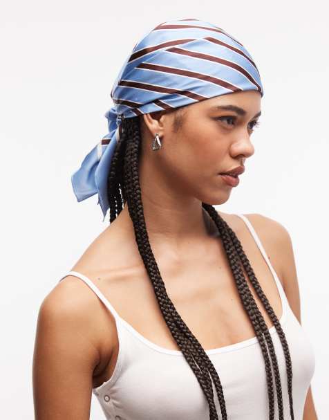 Reclaimed Vintage satin head and waist scarf in blue and brown stripe