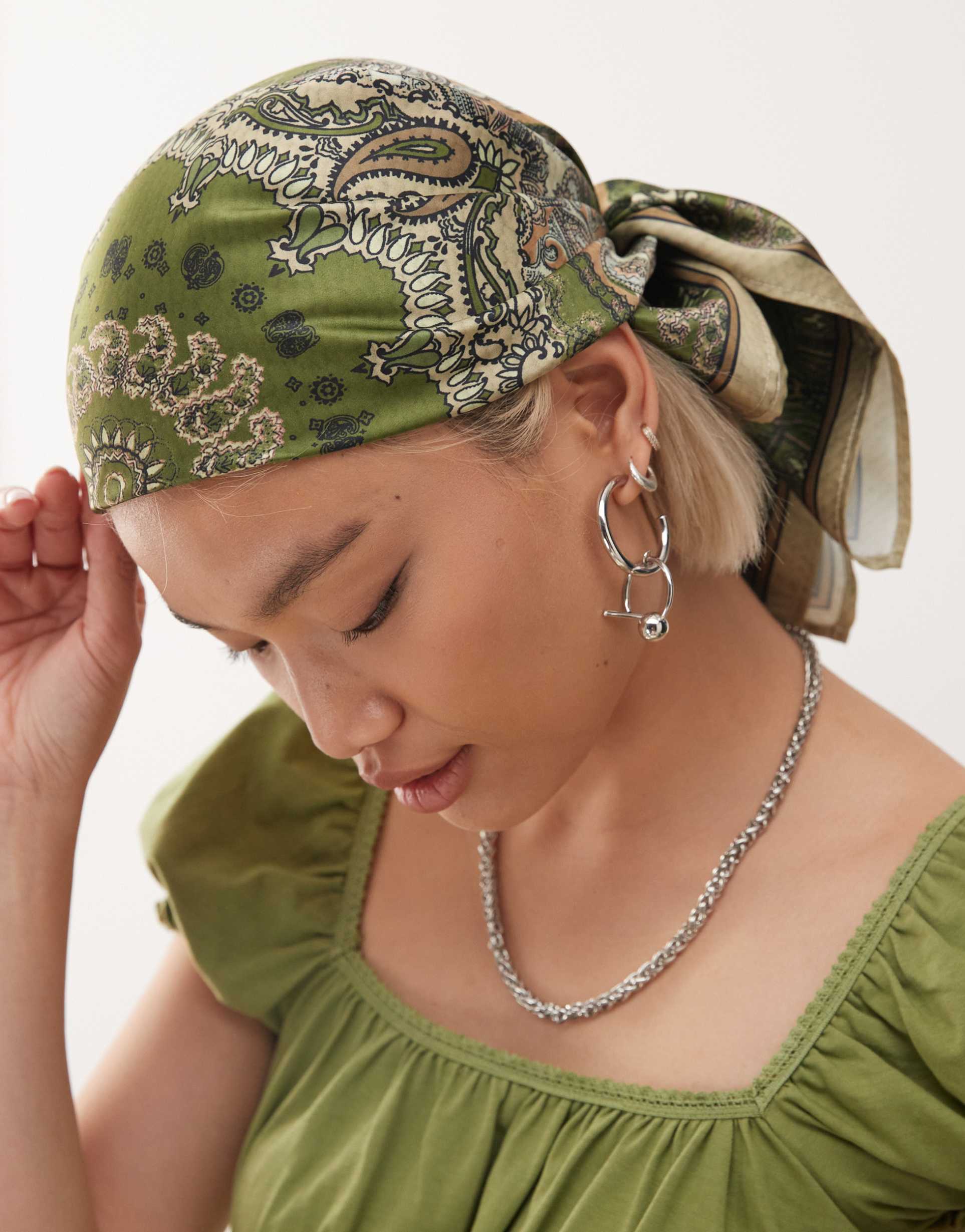 reclaimed vintage satin headscarf in green paisley print