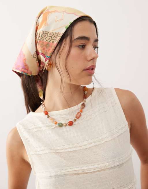 Reclaimed Vintage satin headscarf in yellow spliced floral print (part of a set)