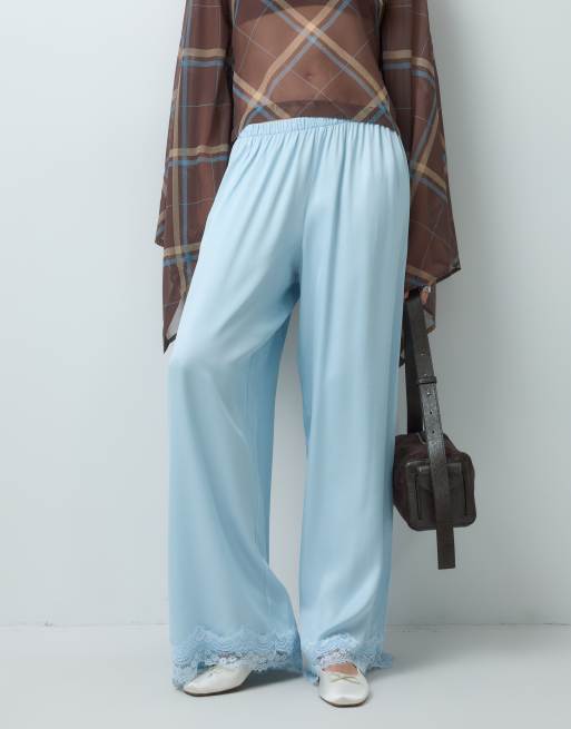 Reclaimed Vintage Satin-Hose mit Spitzenbesatz in Blau, 2 von 5
