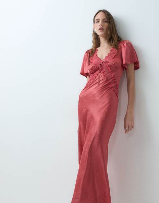 Reclaimed vintage satin jacquard maxi tea dress in red, 1 of 4