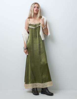 Reclaimed Vintage Satin Jacquard Slip Dress With Lace Trims-green