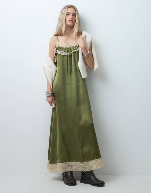 Reclaimed vintage satin jacquard slip-kjole med blondekanter, 1 af 4
