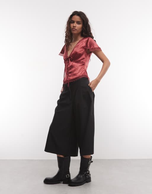 Reclaimed vintage satin jacquard tea top in red, 2 of 4