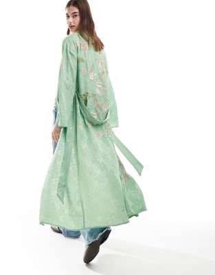 Reclaimed Vintage satin kimono with embroidery-Green