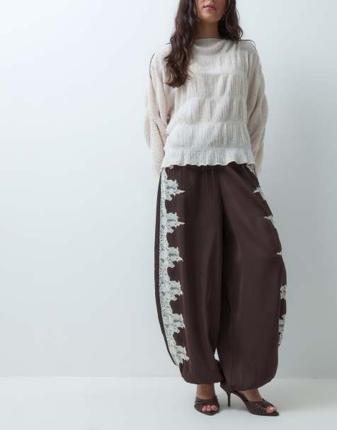 Reclaimed Vintage satin lace trim balloon pant in brown - view 1