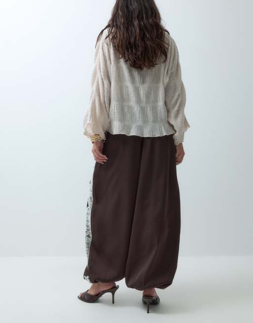 Reclaimed Vintage satin lace trim balloon pant in brown, 3 of 5
