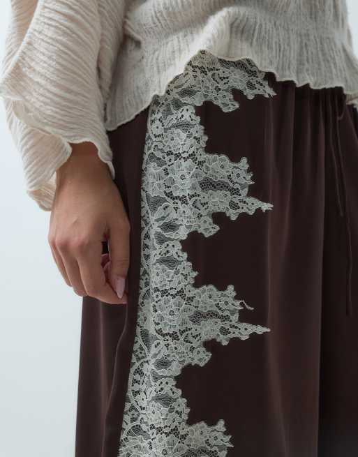 Reclaimed Vintage satin lace trim balloon pant in brown, 5 of 5