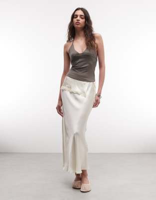 Reclaimed Vintage satin maxi slip skirt with layered frill in cream-Green
