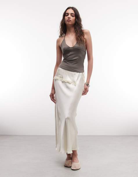 Reclaimed Vintage satin maxi slip skirt with layered frill in cream - view 1