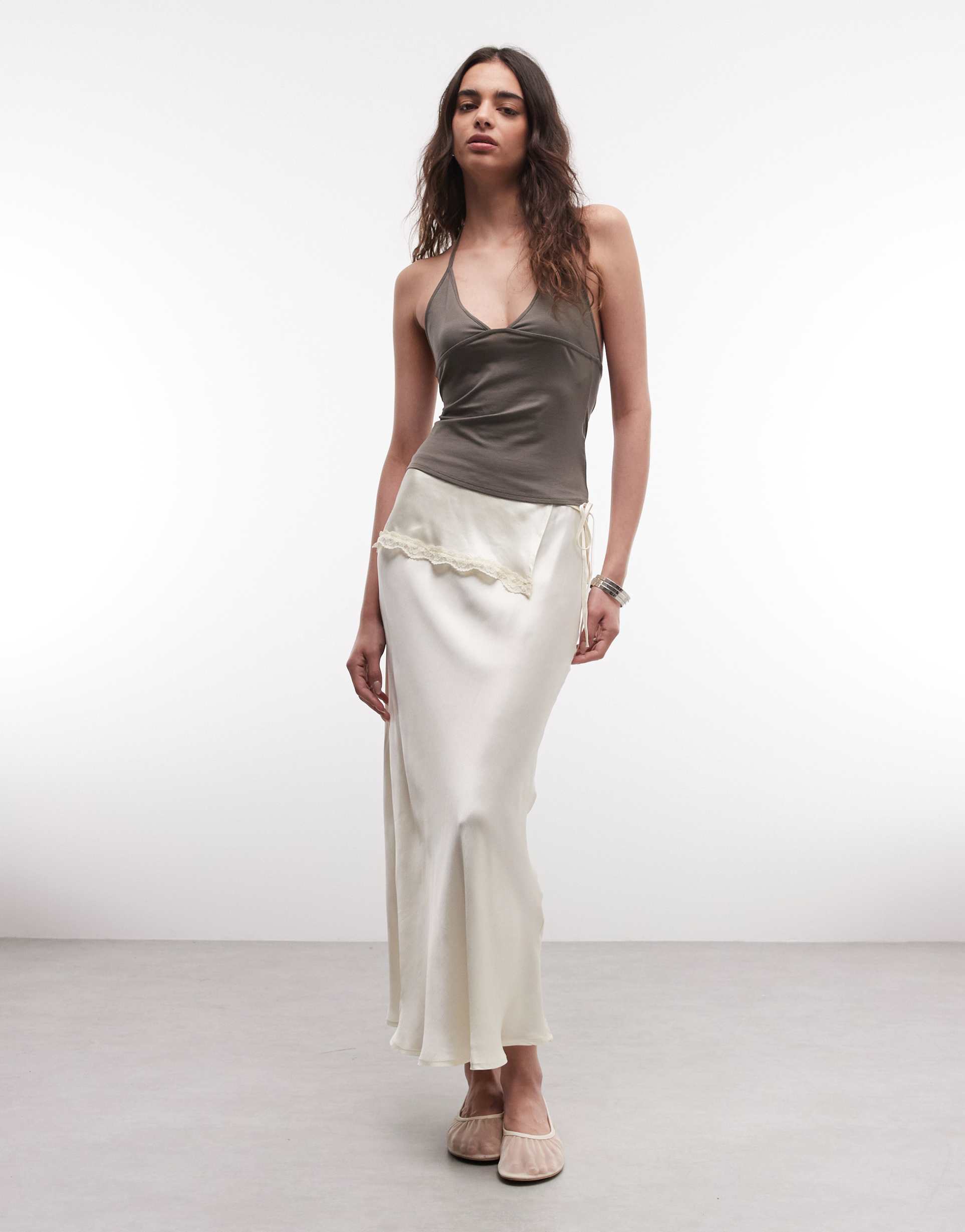 reclaimed vintage satin maxi slip skirt with layered frill in cream