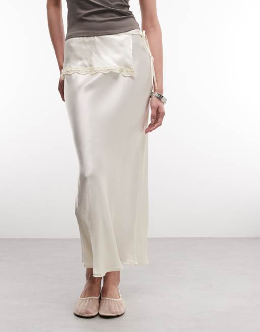 ♡Layered Frilled Satin Skirt - ecru / M♡ Reclaimed Vintage satin maxi slip skirt with layered frill in