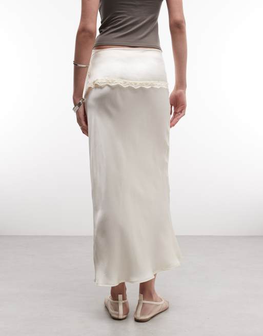 ♡Layered Frilled Satin Skirt - ecru / M♡ Reclaimed Vintage satin maxi slip skirt with layered frill in