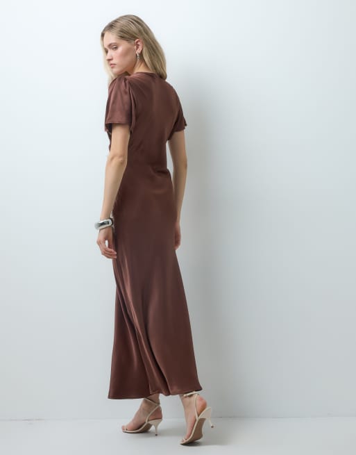 Reclaimed Vintage satin maxikjole med blondekant i brun, 3 af 4