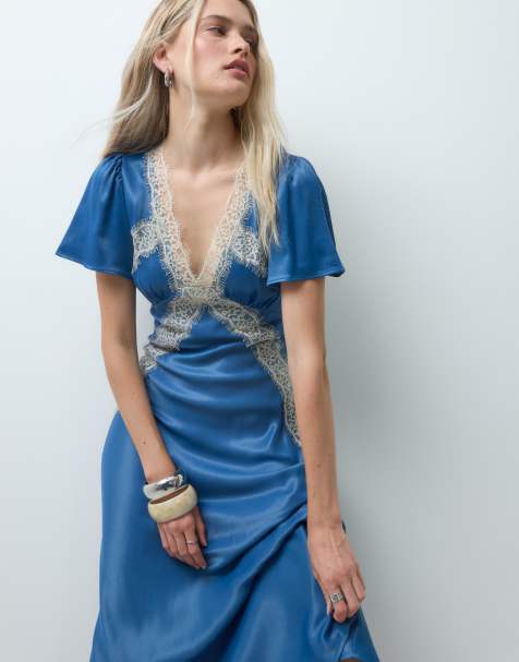 Reclaimed vintage satin maxikjole med blondekant i navy - view 1