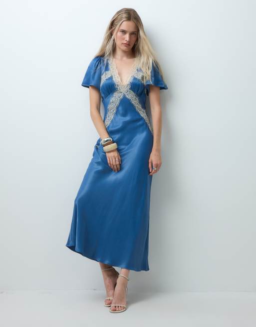 Reclaimed vintage satin maxikjole med blondekant i navy, 2 af 4