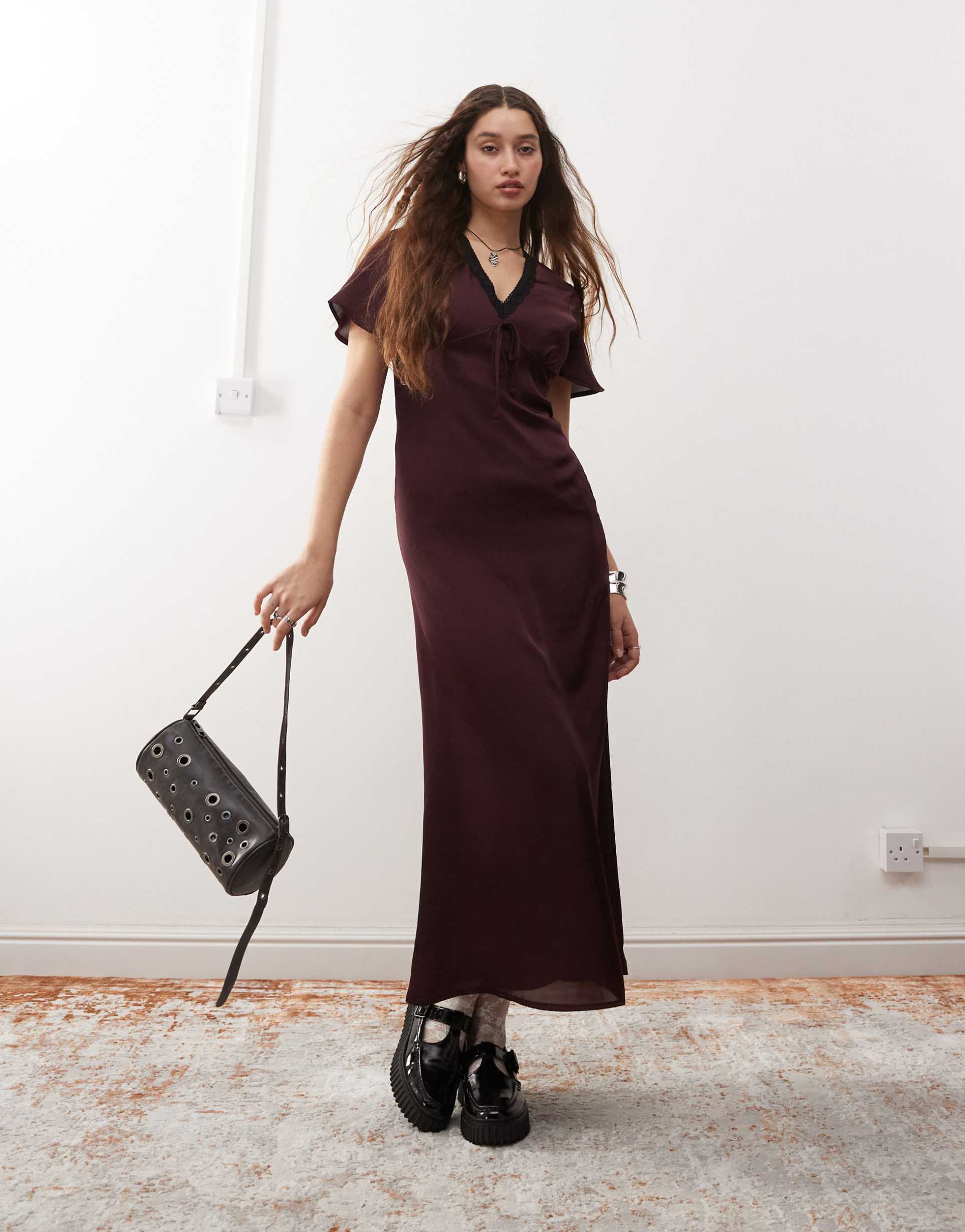reclaimed vintage satin midi dress with lace trim in burgundy